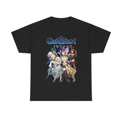 Elegant black Genshin Impact T-shirt showcasing a vivid design of anime characters, perfect for fans of whimsical gaming aesthetics.