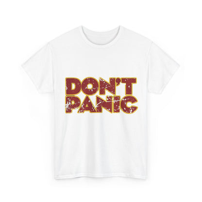 Timeless Don't Panic Hitch Hikers Guide Graphic T-Shirt in white, showcasing a bold design that celebrates iconic sci-fi culture in luxury apparel.