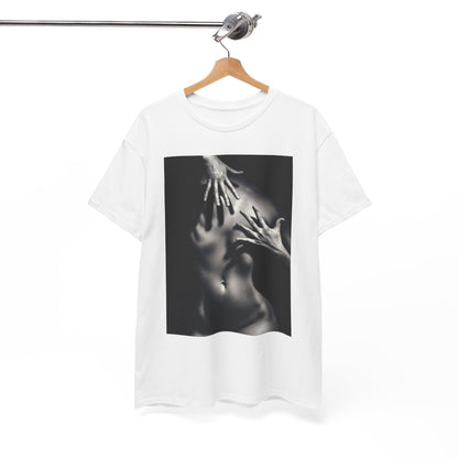 Premium white graphic t-shirt displayed on a wooden hanger, featuring a captivating black and white print of hands on a partially hidden human figure, highlighting sophistication and artistic flair.