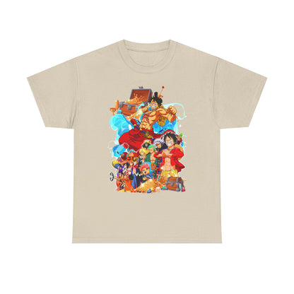 Luxurious beige t-shirt featuring a vibrant, anime-inspired design showcasing iconic heroes celebrating adventure and camaraderie, perfect for anime enthusiasts.