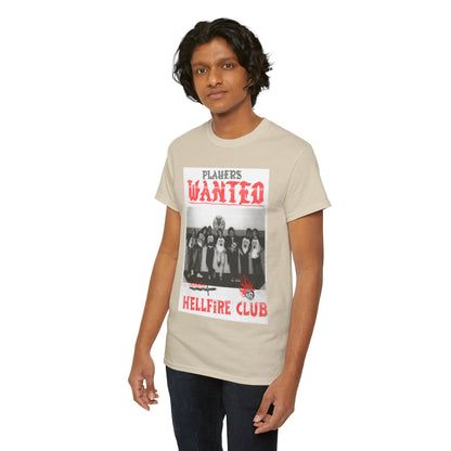 Chic depiction of a man showcasing the Hellfire Club t-shirt, adorned with a compelling graphic design proclaiming 'PLAYERS WANTED,' ideal for those who appreciate luxury in casual wear.