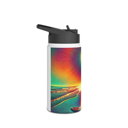 Fantasy Paddleboarding Stainless Steel Water Bottle with a vibrant, colourful design inspired by sunset over ocean waves, perfect for luxury hydration during outdoor adventures.