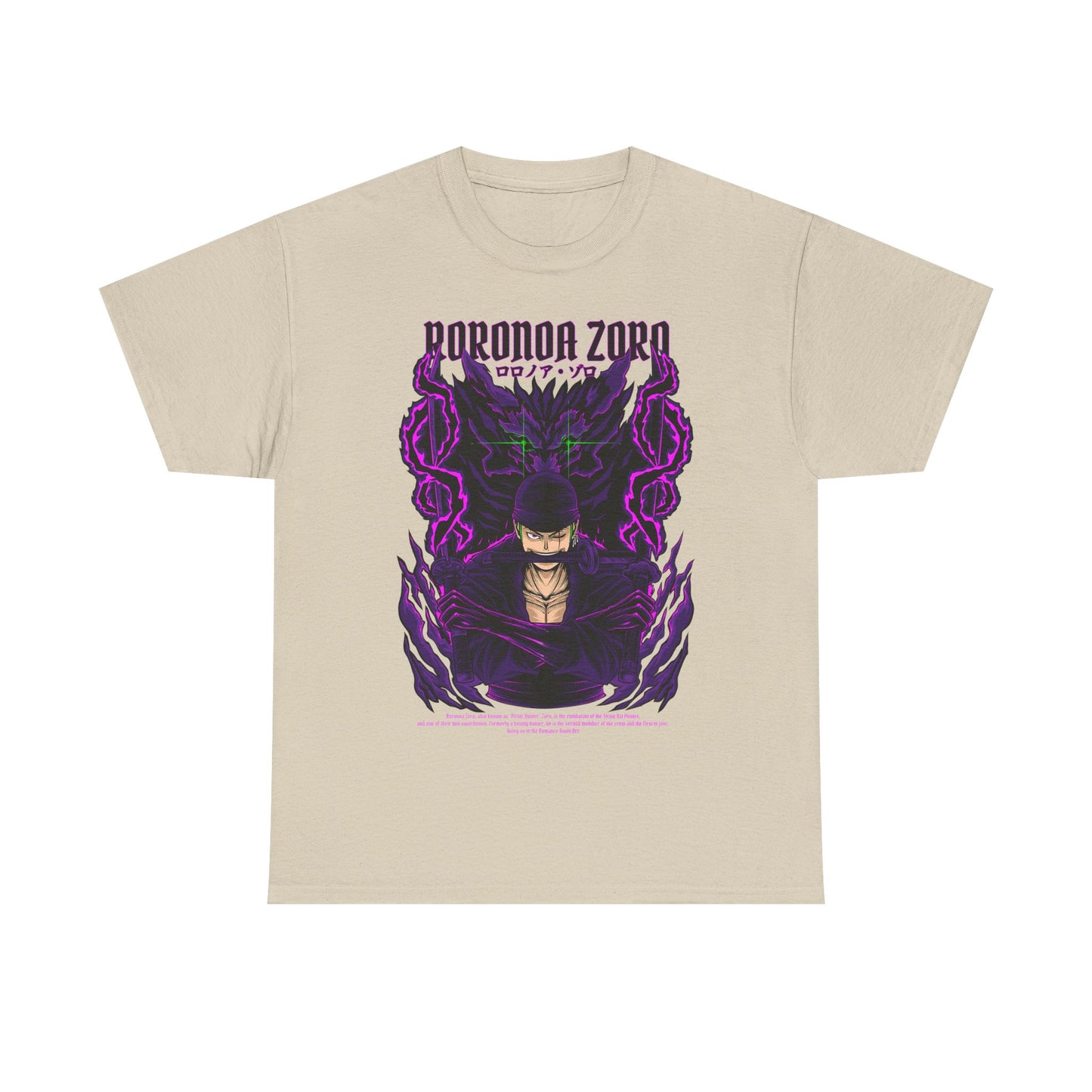 Sophisticated beige Roronoa Zoro graphic tee, featuring an intricate graphic of the beloved anime character enveloped in dynamic purple elements, making it a must-have for any anime aficionado.