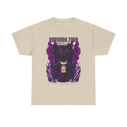 Sophisticated beige Roronoa Zoro graphic tee, featuring an intricate graphic of the beloved anime character enveloped in dynamic purple elements, making it a must-have for any anime aficionado.