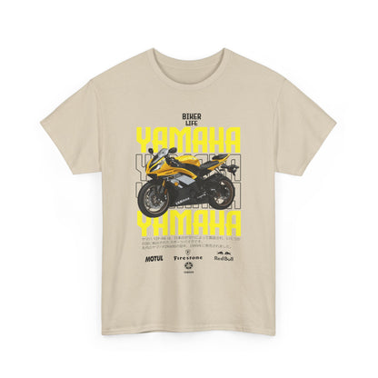 Chic beige mens T-shirt displaying a vibrant graphic of the Yamaha YZF-R6 motorcycle, merging luxury with a passion for the biker lifestyle.