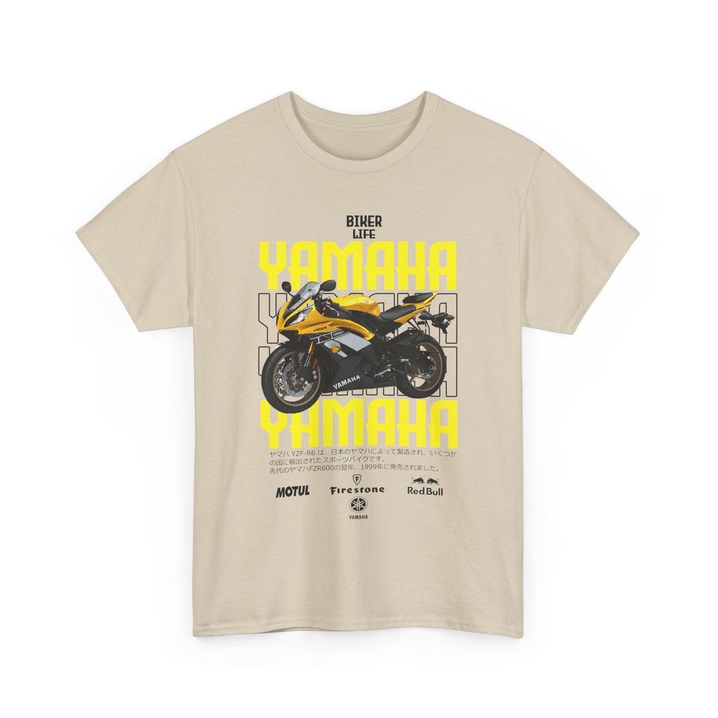 Front view of a stylish men's t-shirt featuring an iconic Yamaha YZF-R6 motorcycle graphic with bold 'BIKER LIFE' text, perfect for casual outings.