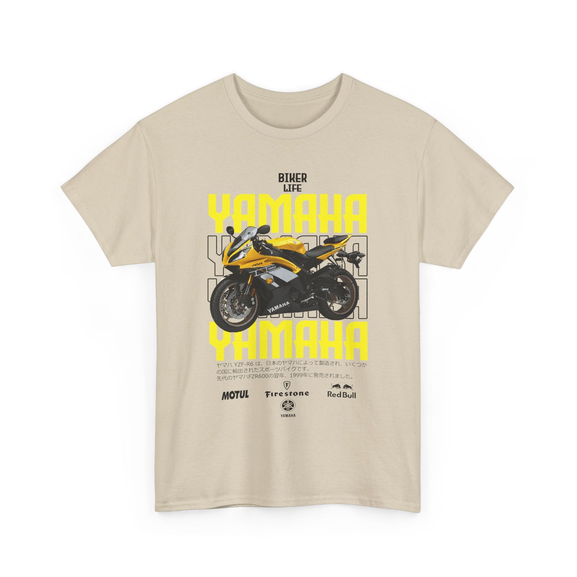 Front view of a stylish men's t-shirt featuring an iconic Yamaha YZF-R6 motorcycle graphic with bold 'BIKER LIFE' text, perfect for casual outings.