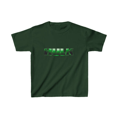 Kids Incredible Hulk Heavy Cotton T-Shirt in rich green, highlighting the bold 'HULK' logo, ideal for adventurous boys.