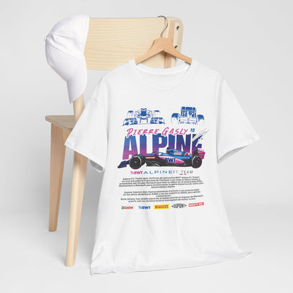 Alpine F1 Team Men’s T-Shirt artfully arranged with a fashionable hat, embodying luxury and a passion for racing in a contemporary setting.