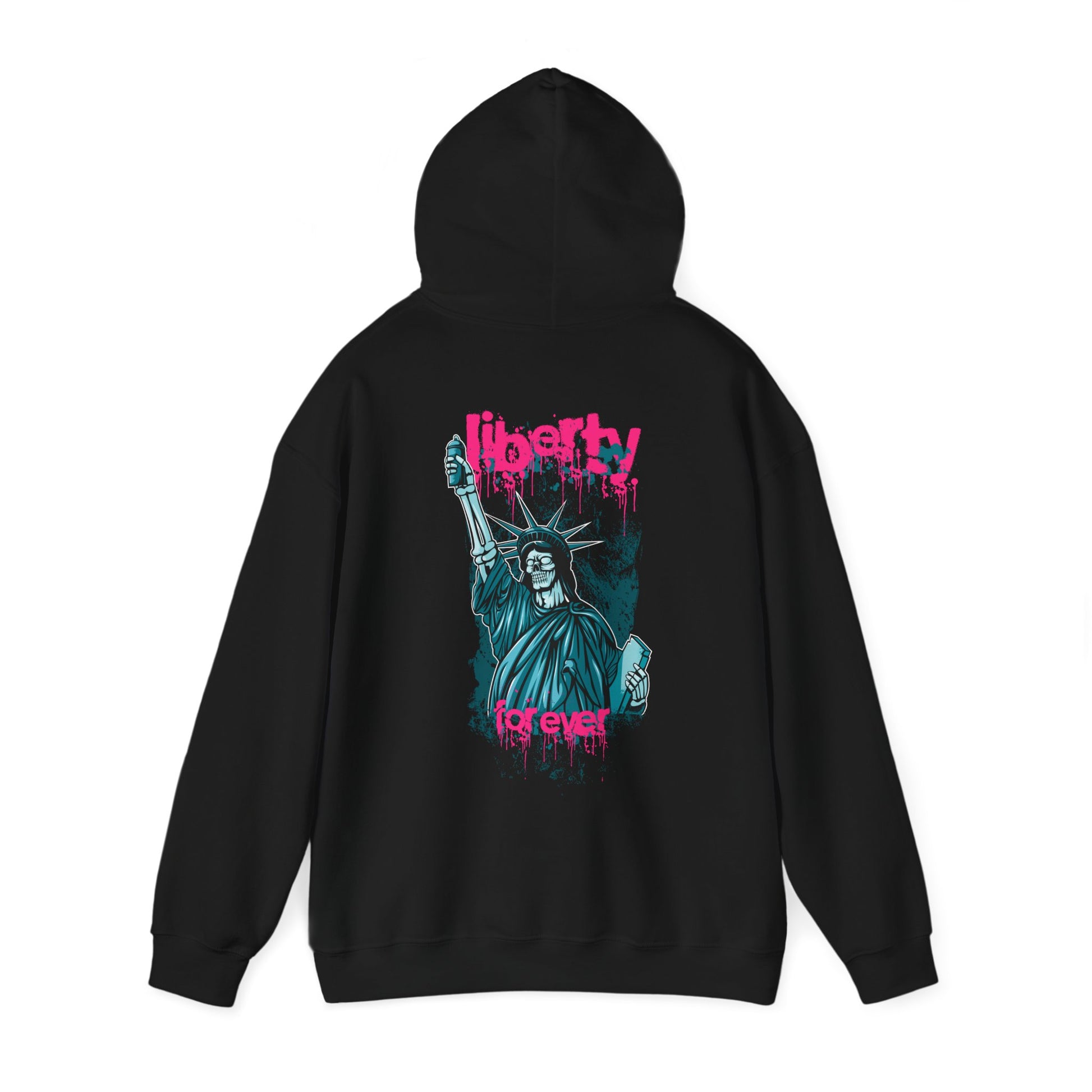 Luxurious black hoodie displaying a striking graphic of the Statue of Liberty, enhanced by vibrant pink graffiti-style lettering 'liberty forever', embodying urban chic elegance.