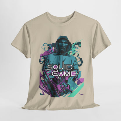 Stylish unisex graphic tee featuring vibrant artwork inspired by the Squid Game series, showcasing a hooded figure against a dynamic, colourful background, perfect for making a bold fashion statement.