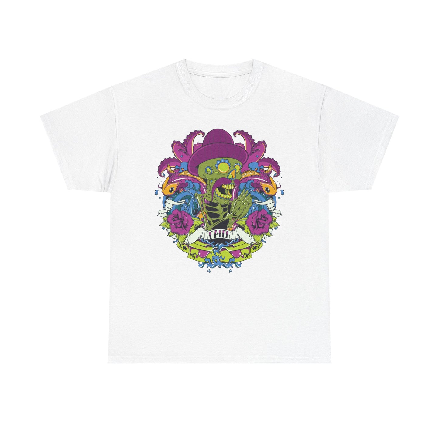 Luxurious white t-shirt featuring vibrant skeleton artwork with octopus, koi fish, and floral design, embodying creativity and individuality.