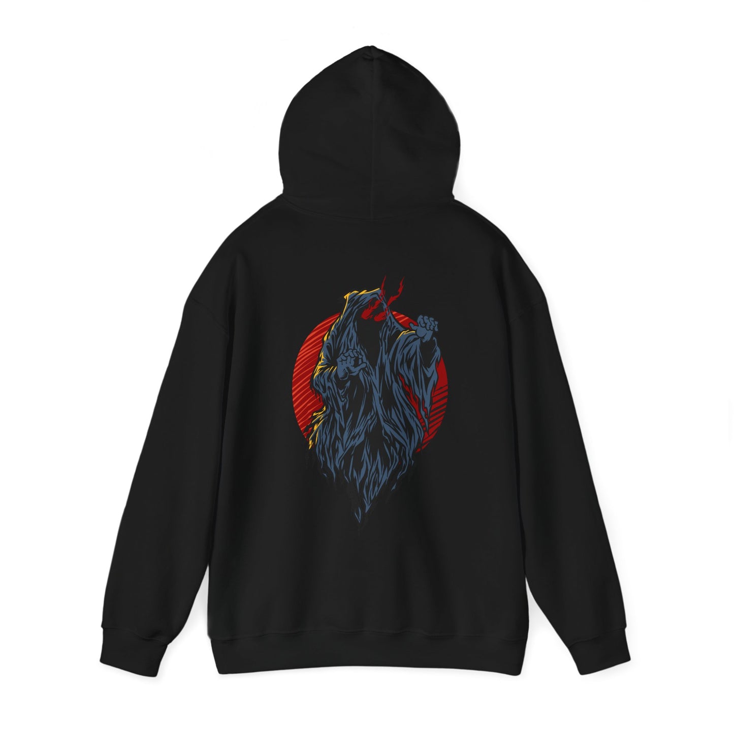 Chic black hoodie showcasing an eye-catching demon artwork in grey against a fiery red circle, perfect for a statement look.