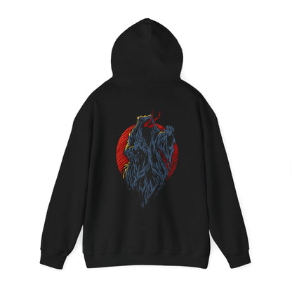 Chic black hoodie showcasing an eye-catching demon artwork in grey against a fiery red circle, perfect for a statement look.