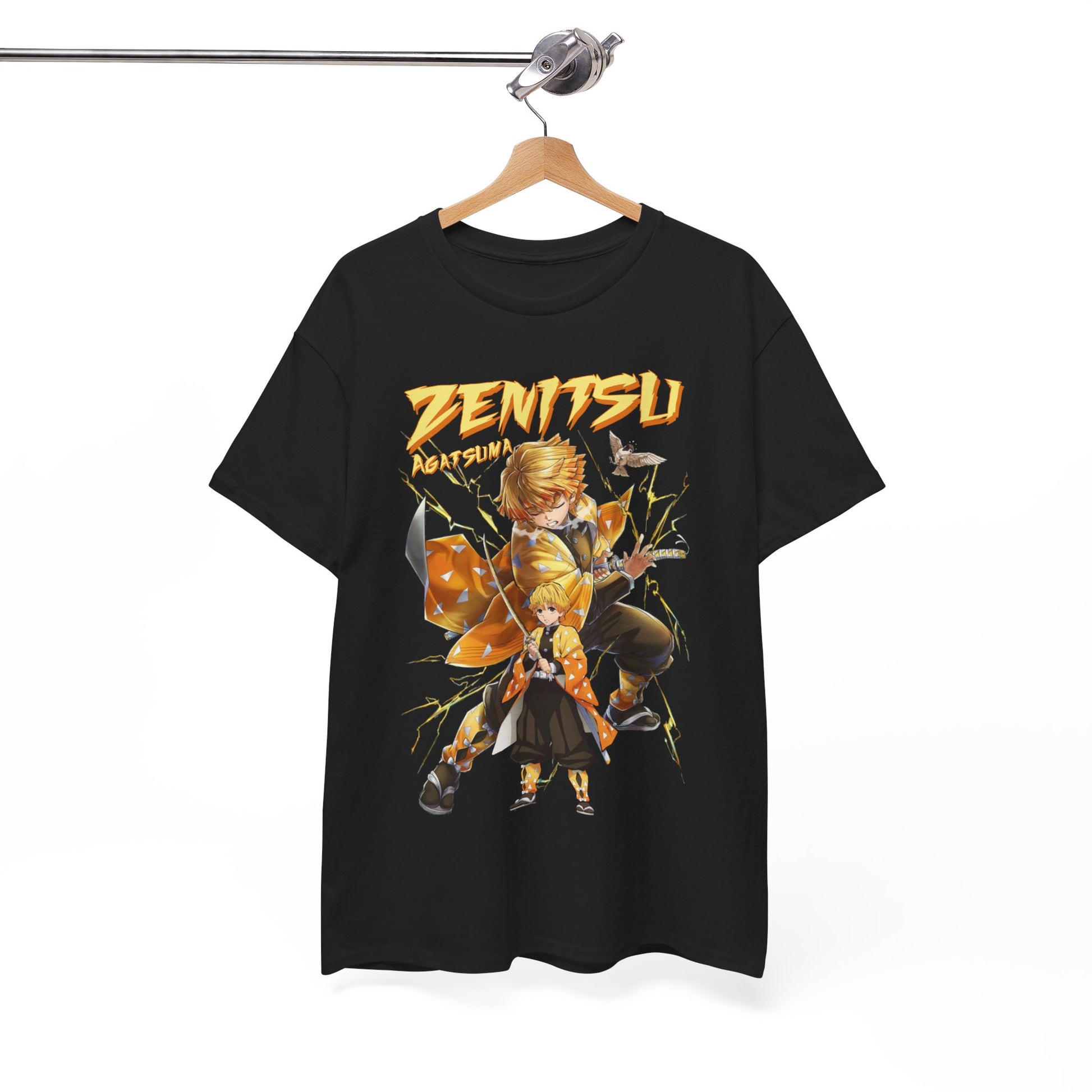 Zenitsu Agatsuma t-shirt displayed on a hanger, highlighting premium quality and unique anime design.