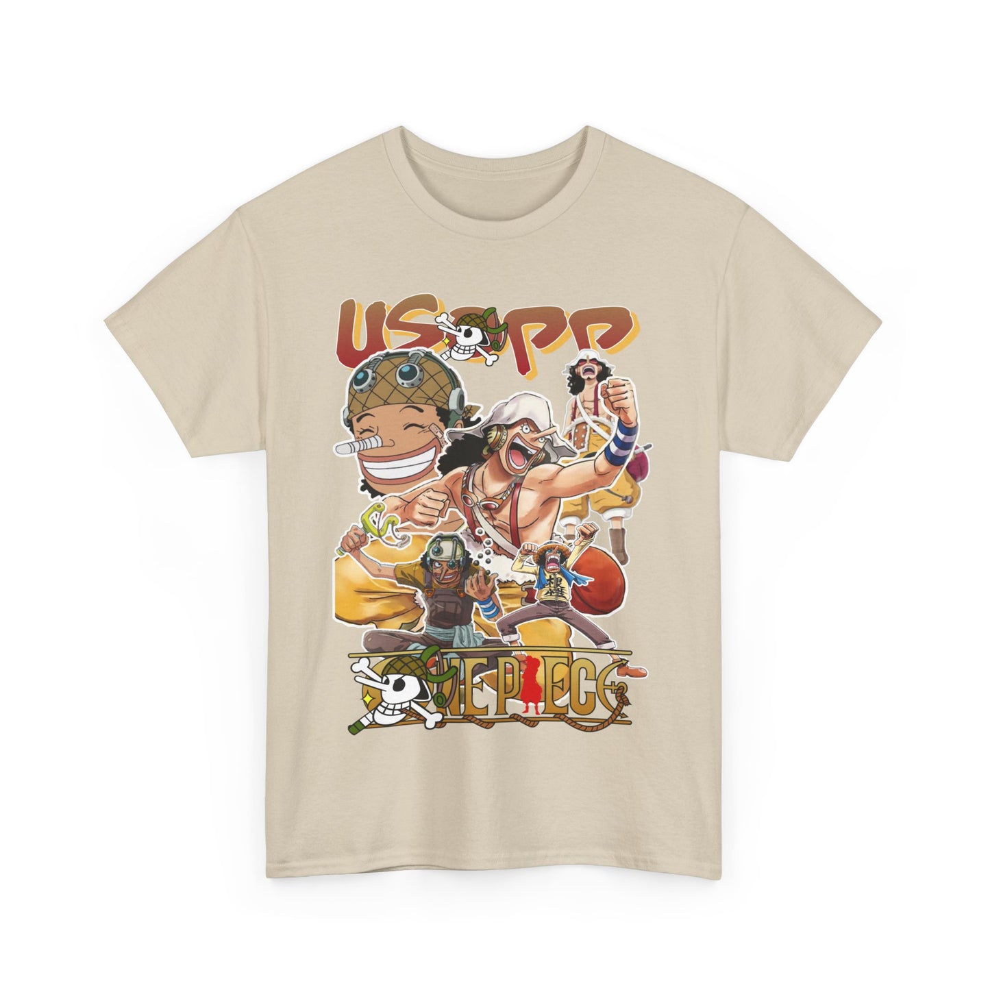 Luxurious anime-inspired Usopp t-shirt featuring a vibrant collage of beloved characters exuding a fun and trendy aesthetic.