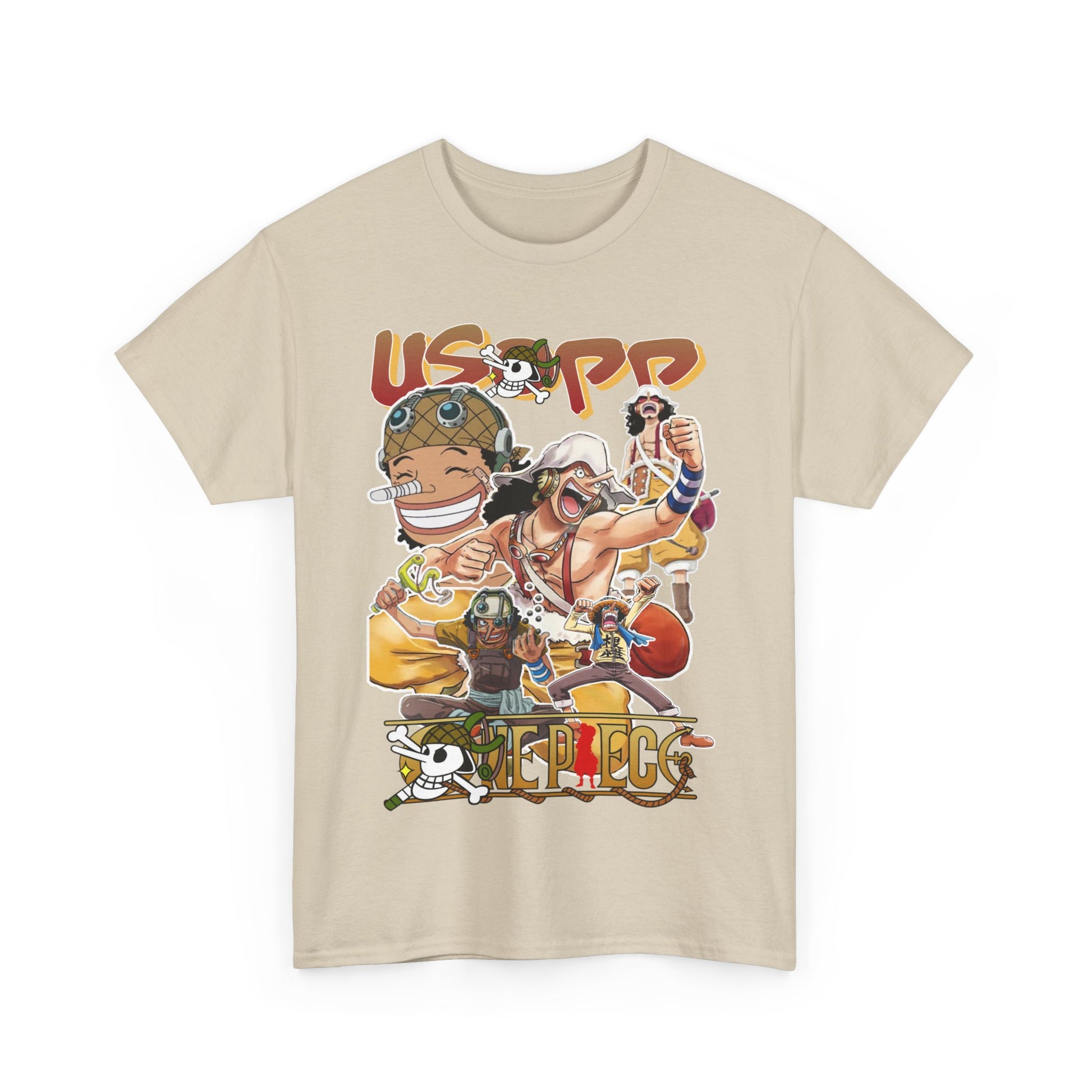 Luxurious anime-inspired Usopp t-shirt featuring a vibrant collage of beloved characters exuding a fun and trendy aesthetic.