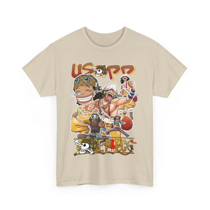 Luxurious anime-inspired Usopp t-shirt featuring a vibrant collage of beloved characters exuding a fun and trendy aesthetic.