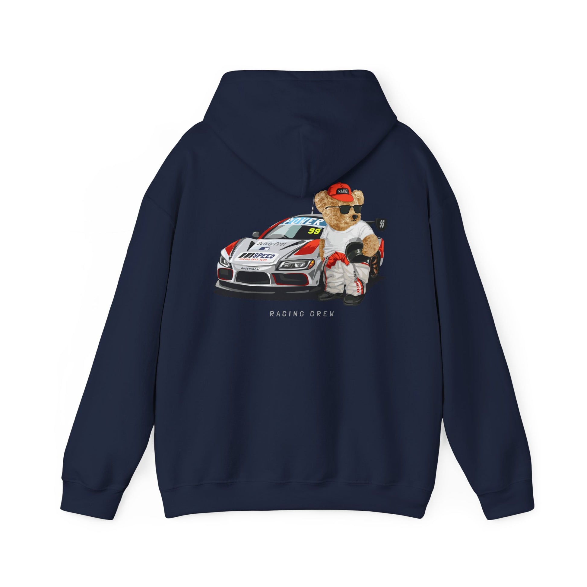 Stylish navy hoodie with a vibrant teddy bear racer graphic on the back, exuding charm and playful sophistication, ideal for speed enthusiasts.