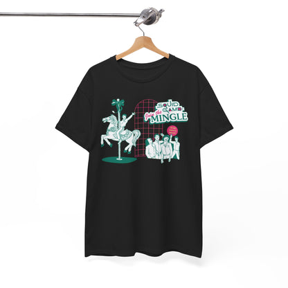 Artfully hung premium black t-shirt featuring a chic Squid Game graphic design, ideal for those who appreciate a blend of humour and elegance in fashion.