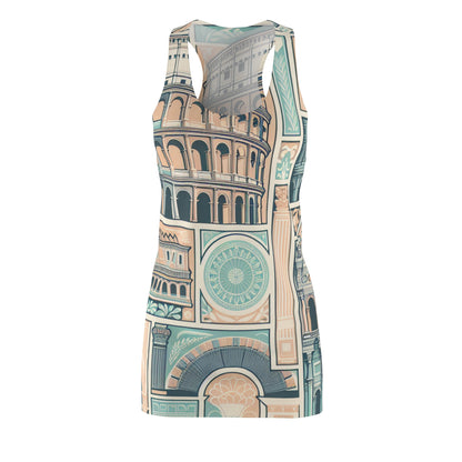 Evelyn Charleston Racerback Dress by Dazzling Dreams Studio in luxurious pastel shades, inspired by ancient Rome, showcasing an elegant pattern reminiscent of Roman architecture.