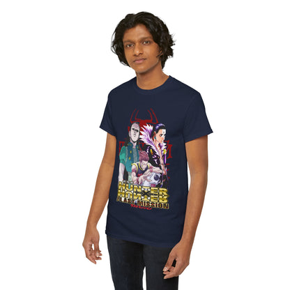 Stylish navy t-shirt featuring dynamic graphics of beloved anime characters Gon, Killua, and Hisoka from Hunter x Hunter: The Last Mission, ideal for anime enthusiasts.