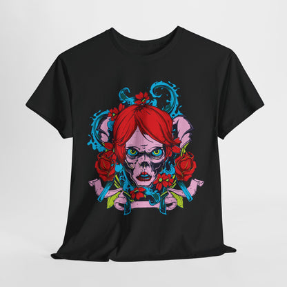 Sophisticated black t-shirt showcasing a bold artistic skull with vivid red hair and roses, perfect for adding an edge to your wardrobe.