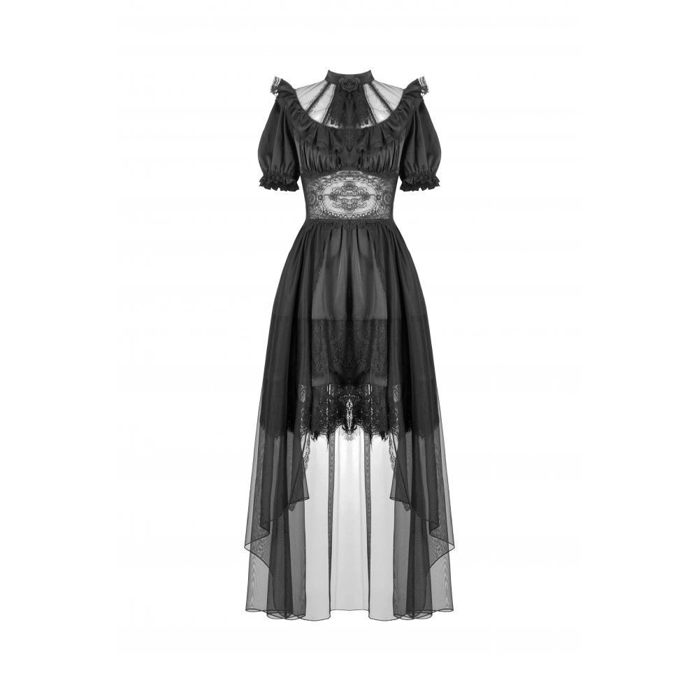 The flowing layers of mesh in the high-low gothic dress, highlighting the detailed lace edging, ideal for moonlit soirées.