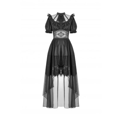 The flowing layers of mesh in the high-low gothic dress, highlighting the detailed lace edging, ideal for moonlit soirées.