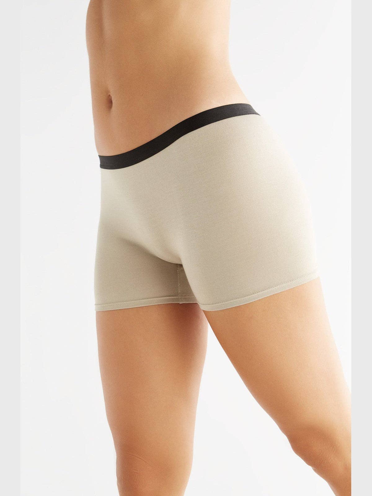 Stylish close-up of moisture-regulating Tencel boyshorts showing the elastic waistband and tight-fit design for ultimate comfort.