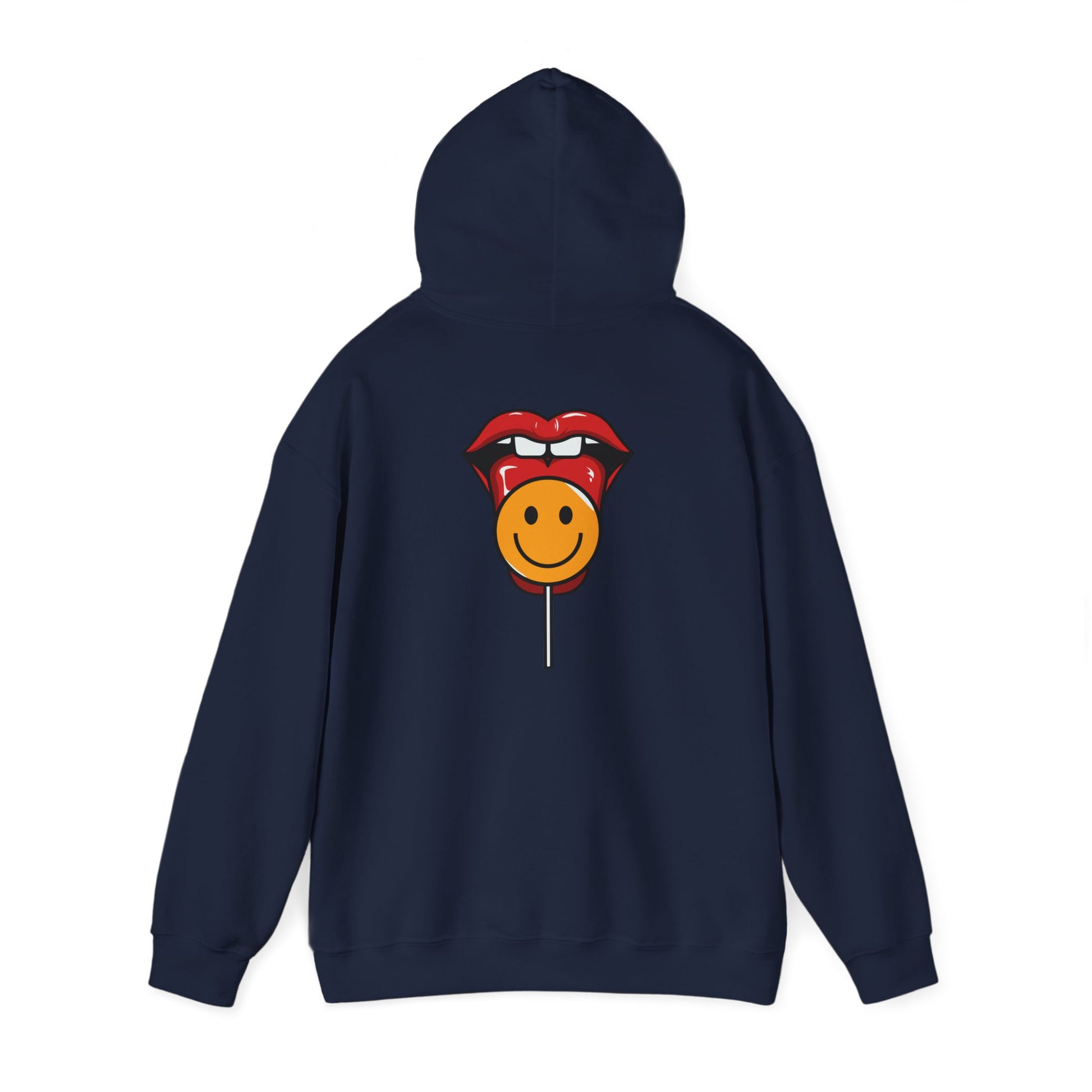 Chic navy hoodie with a striking back graphic depicting a cheerful smiley face on a lollipop, elegantly framed by red lips, embodying youthful exuberance.