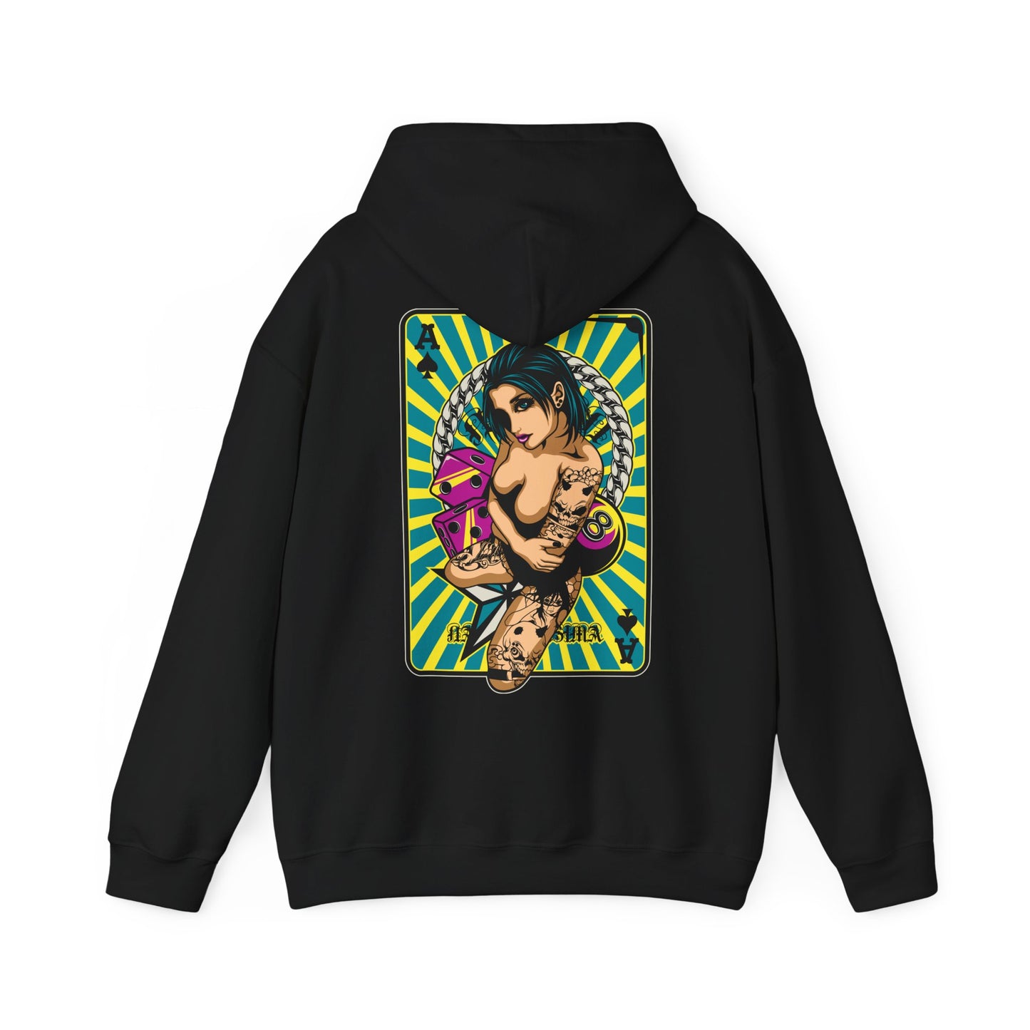Sleek black hoodie adorned with a captivating back print of a tattooed woman and playing cards, highlighted by a dynamic turquoise and yellow striped design.