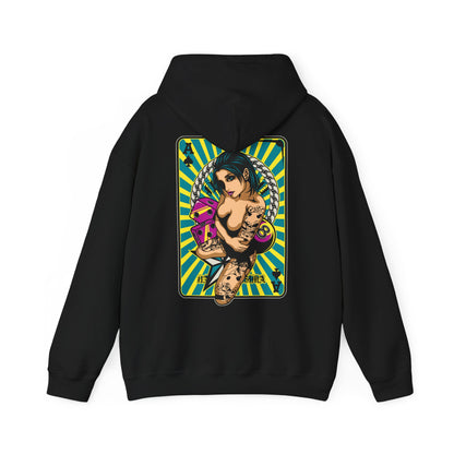 Sleek black hoodie adorned with a captivating back print of a tattooed woman and playing cards, highlighted by a dynamic turquoise and yellow striped design.