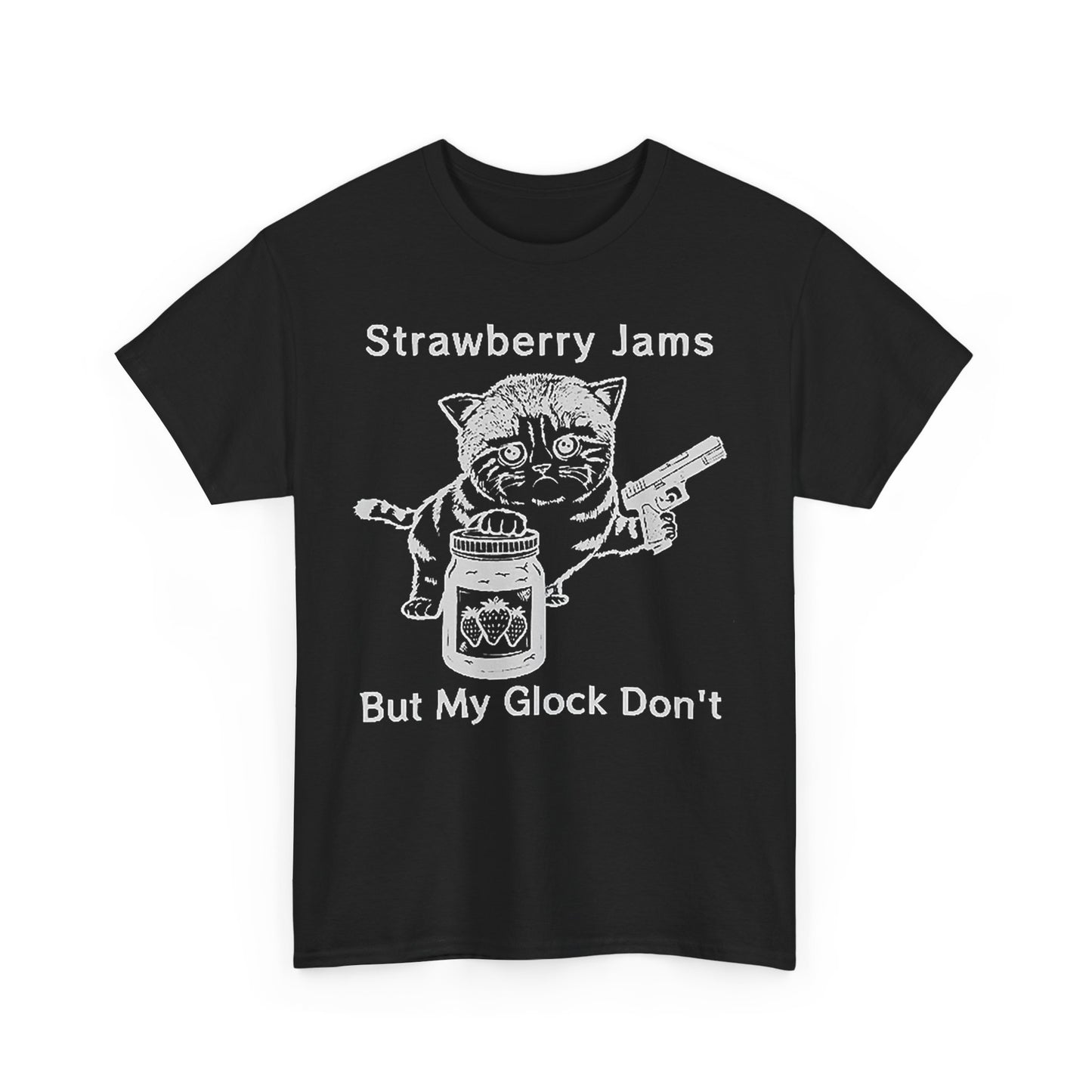 Trendy black graphic t-shirt featuring a whimsical illustration of a cartoon cat holding a jar of strawberry jam and a handgun, accompanied by playful text.