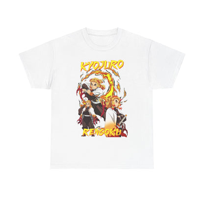 Elegant white Kyojuro Rengoku graphic tee with eye-catching illustrations, depicting the iconic Flame Hashira in dynamic poses, perfect for those who appreciate refined anime fashion.