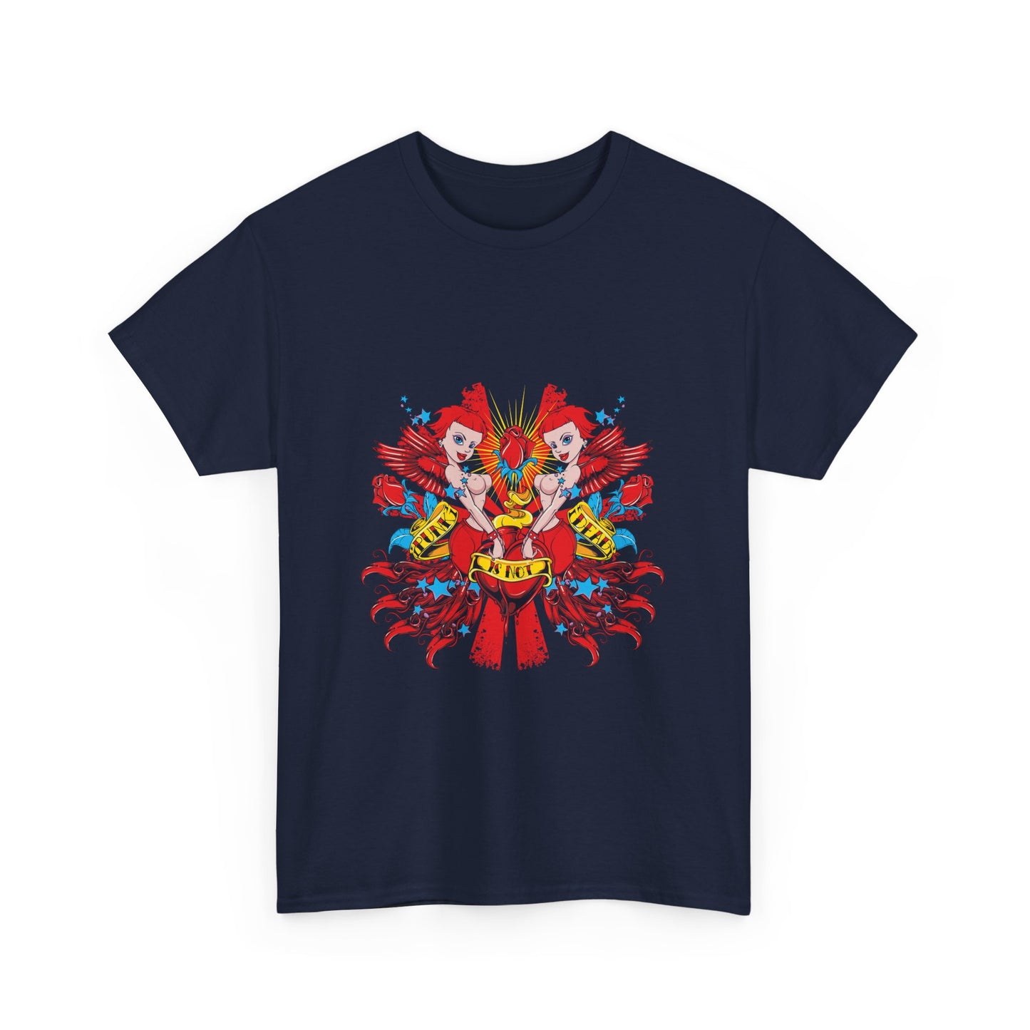 Striking navy t-shirt adorned with a vibrant cherub graphic, embodying rebellion and artistry, designed for bold expression.
