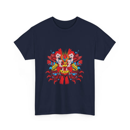 Striking navy t-shirt adorned with a vibrant cherub graphic, embodying rebellion and artistry, designed for bold expression.