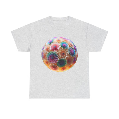 Iridescent Floral Sphere Unisex Cotton Tee Graphic T Shirt displaying a colourful floral sphere artwork on a light grey tee, merging artistic flair with comfort.