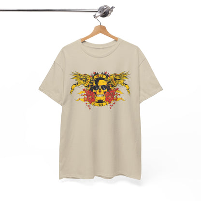 Elegant presentation of the Bold Yellow Skull Graphic T-Shirt with wings and floral motifs on a wooden hanger, highlighting its stylish design and 1978 element.