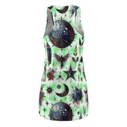 Back view of Women’s Chic Designer Racerback Dress with a vibrant floral and celestial pattern, designed for comfort and sophistication.