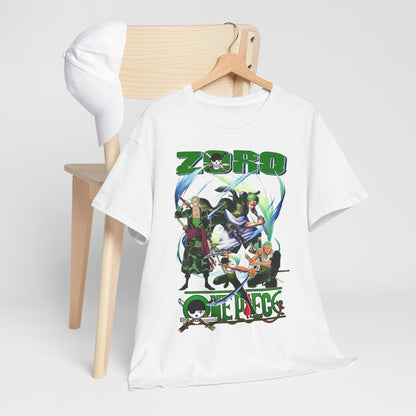 Chic One Piece t-shirt elegantly showcased with a cap on a wooden chair, highlighting exclusive Zoro design for fashion-savvy anime lovers.