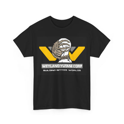 Weyland Yutani Corp Facehugger Logo Graphic Unisex Tee Shirt in action, presenting the exquisite xenomorph artwork and luxurious design on a black fabric.