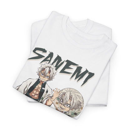 Two luxurious Sanemi Shinazugawa T-shirts stacked, highlighting premium fabric and unique artistic design for anime aficionados.