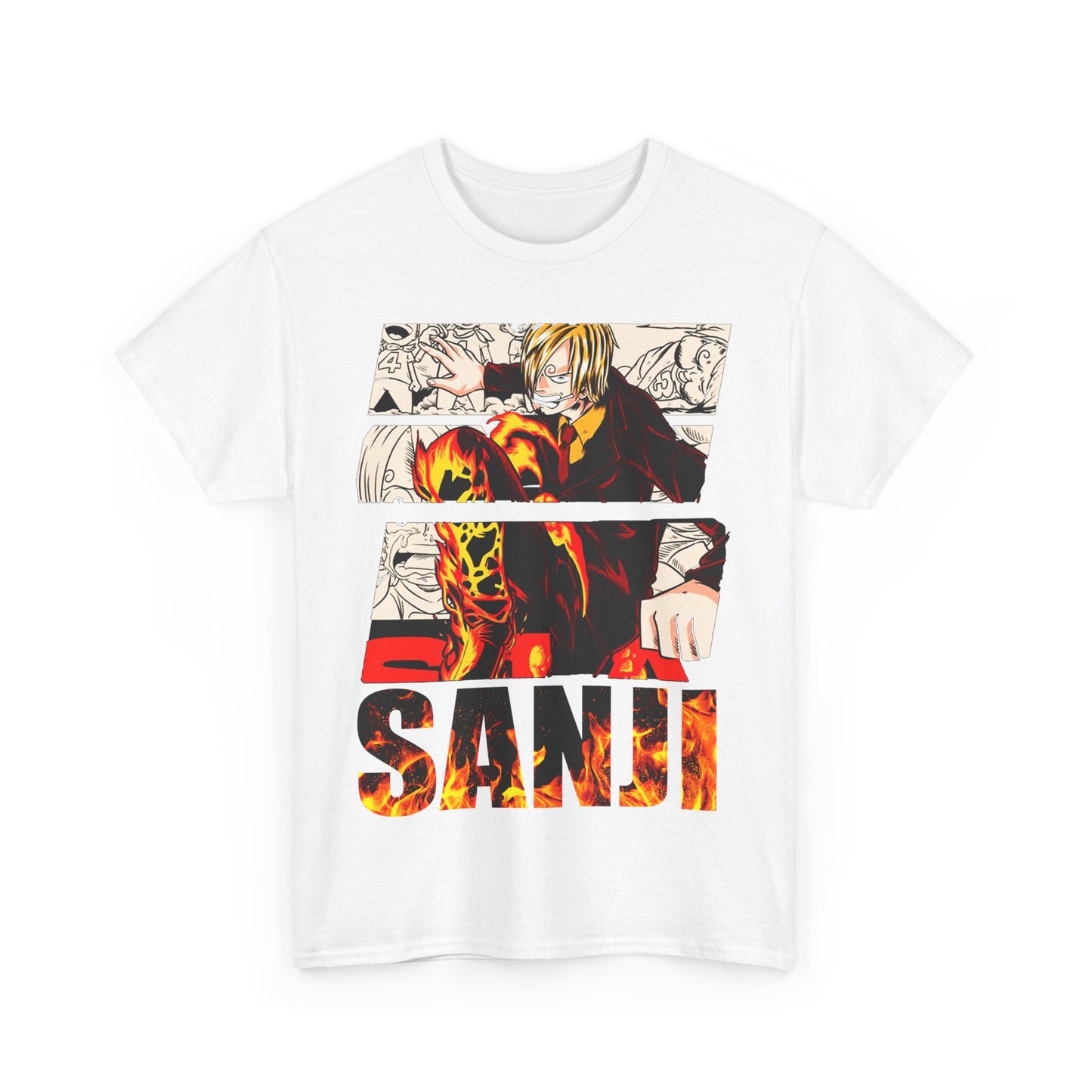 Sophisticated white graphic t-shirt featuring a detailed depiction of Sanji from anime, elegantly styled with fiery elements and fashionable lettering.