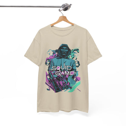 Chic display of a 'Squid Game' graphic tee elegantly hung, showcasing the iconic hooded character and vibrant illustrations against a neutral backdrop.