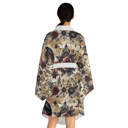 Back view of the Floral Kimono Robe, highlighting its exquisite floral pattern and elegant tie belt. Perfect for lounging or special occasions.