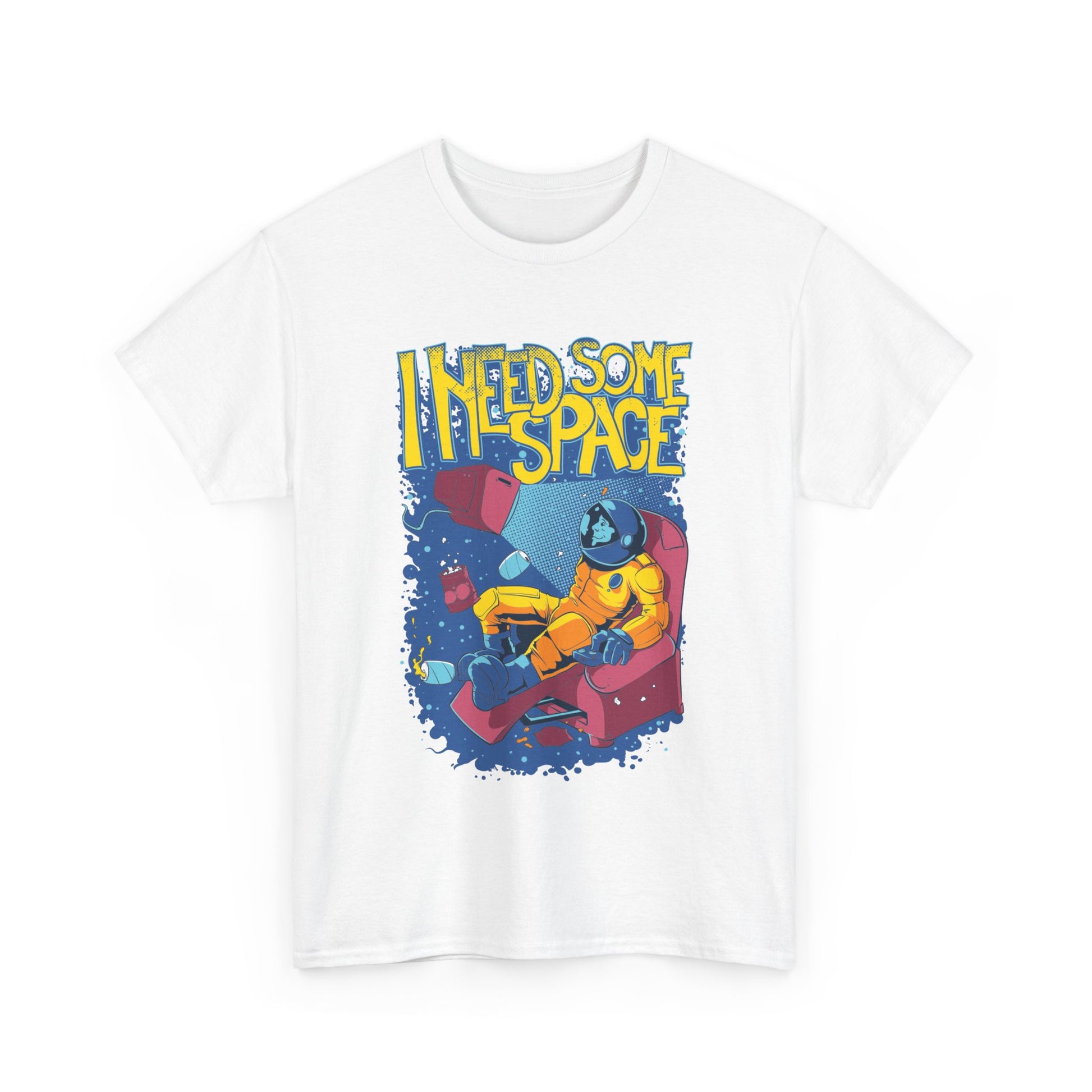 High-quality white Retro Astronaut T-Shirt featuring a vibrant cosmic graphic with 'I NEED SOME SPACE', perfect for fashion-forward individuals.