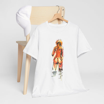 Chic unisex graphic t-shirt displayed on a minimalist chair, accompanied by a white cap, presenting a fashionable and playful look.