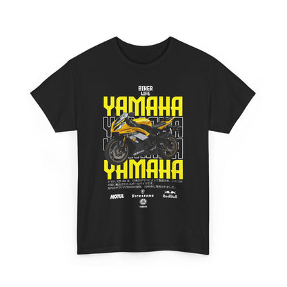 Luxury Men's T-Shirt featuring Yamaha YZF-R6 graphic design, vibrant yellow and black colours on a classic black backdrop, perfect for motorcycle enthusiasts.