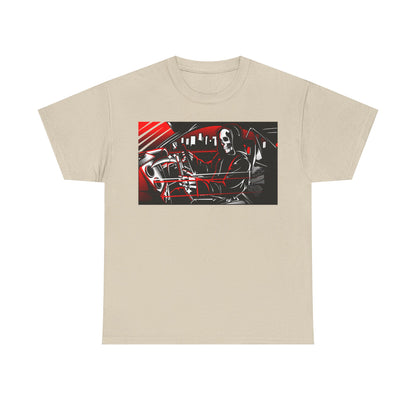 Stylish cream men's t-shirt displaying an artistic hooded scythe graphic, accentuated by a striking red and black theme, ideal for those seeking unique luxury wear.